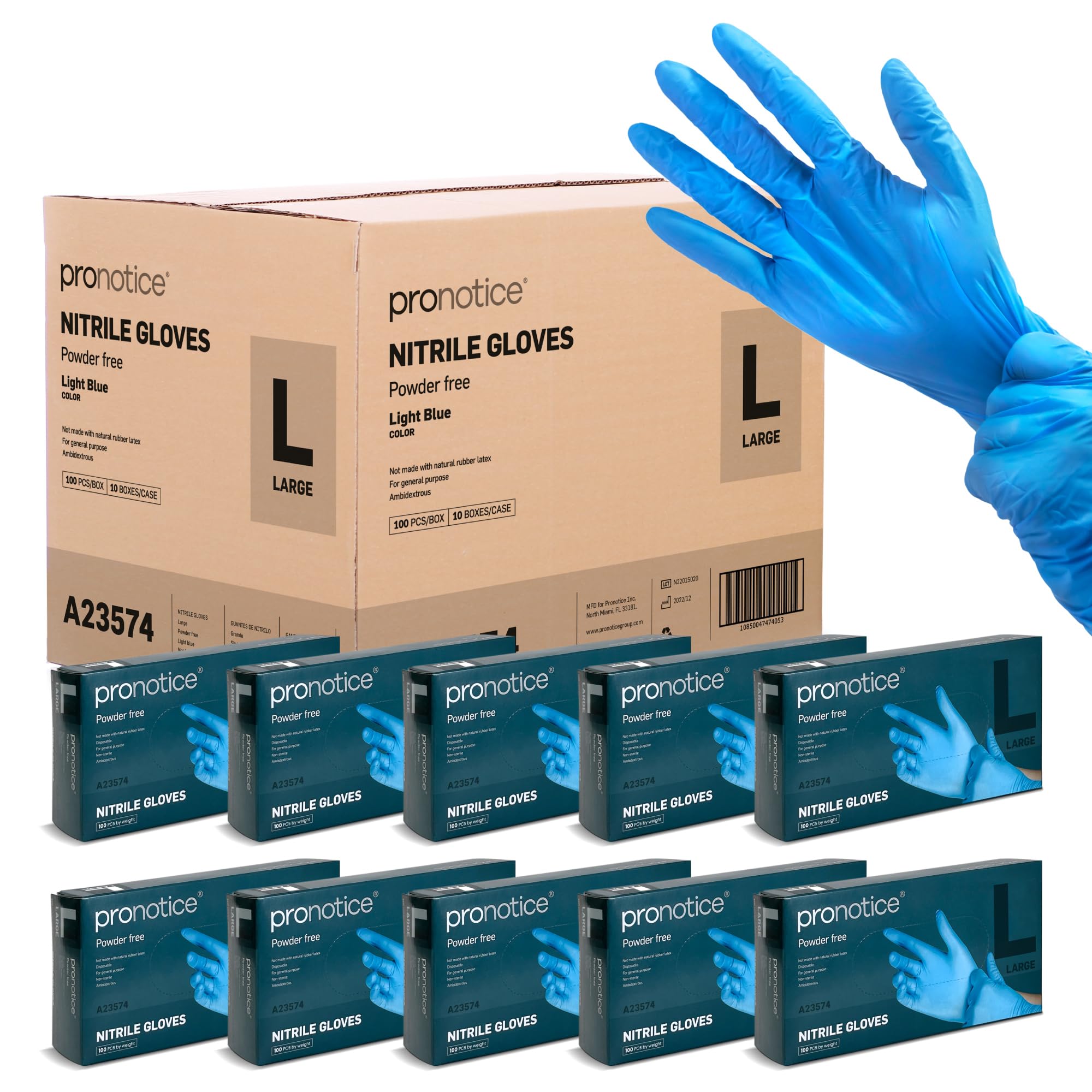 Pronotice Disposable Nitrile Glove, Blue, General Purpose, PowderFree, Food Safe, Cleaning, Latex-Free, Full Case 1000 Gloves (X-Large)