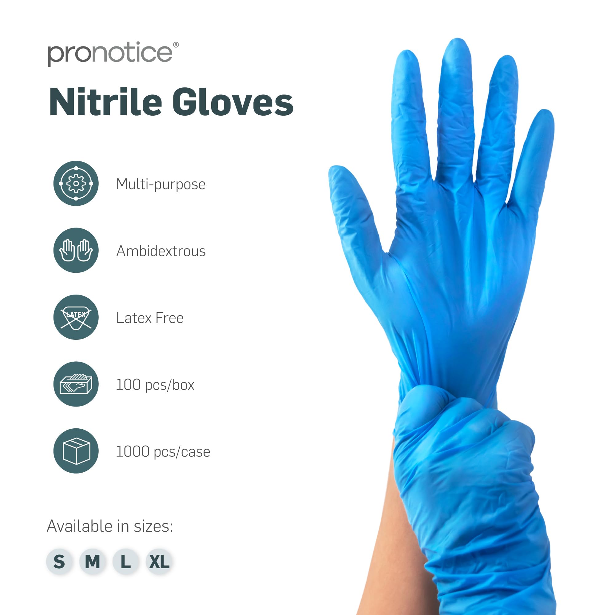 Pronotice Disposable Nitrile Glove, Blue, General Purpose, PowderFree, Food Safe, Cleaning, Latex-Free, Full Case 1000 Gloves (X-Large)