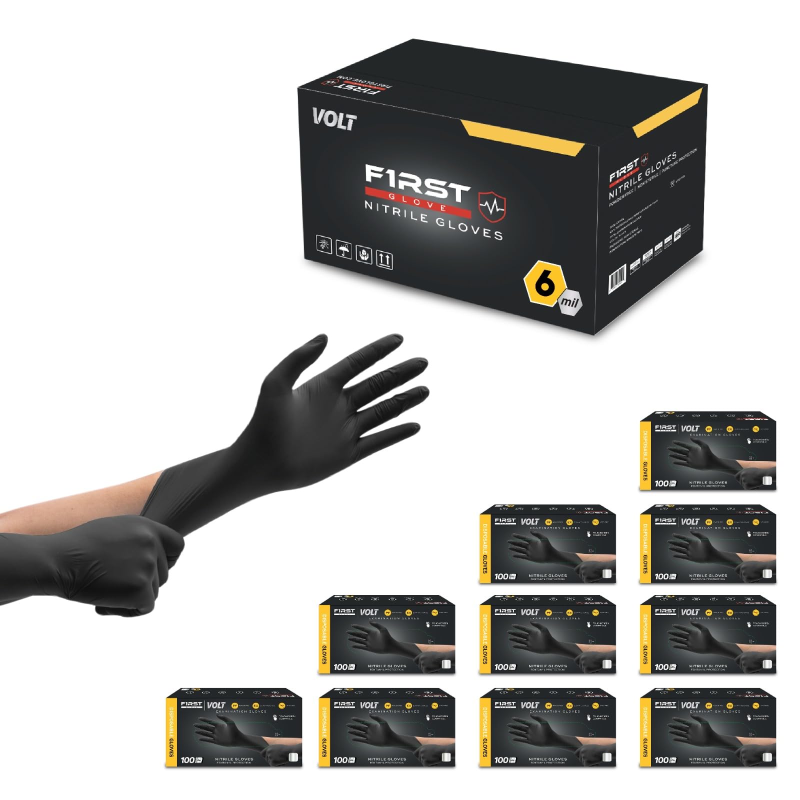 FIRST GLOVE Volt 2X-Large 900 Ct. 6 Mil Black Nitrile Disposable Gloves - Food Safe Disposable Gloves, Disposable Cleaning Gloves, Micro Textured Gloves for Enhanced Grip, Latex Free Gloves