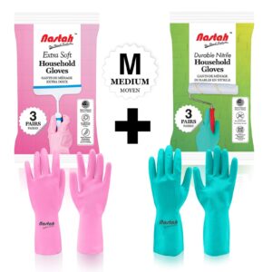 nastah latex & nitrile allergic free household cleaning gloves bundle - pink & green non-slip reusable kitchen dishwashing gloves with cotton flock liner (total 6 pairs, size medium)