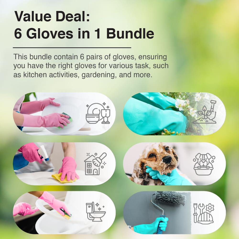 Nastah Latex & Nitrile Allergic Free Household Cleaning Gloves Bundle - Pink & Green Non-Slip Reusable Kitchen Dishwashing Gloves With Cotton Flock Liner (Total 6 Pairs, Size Medium)