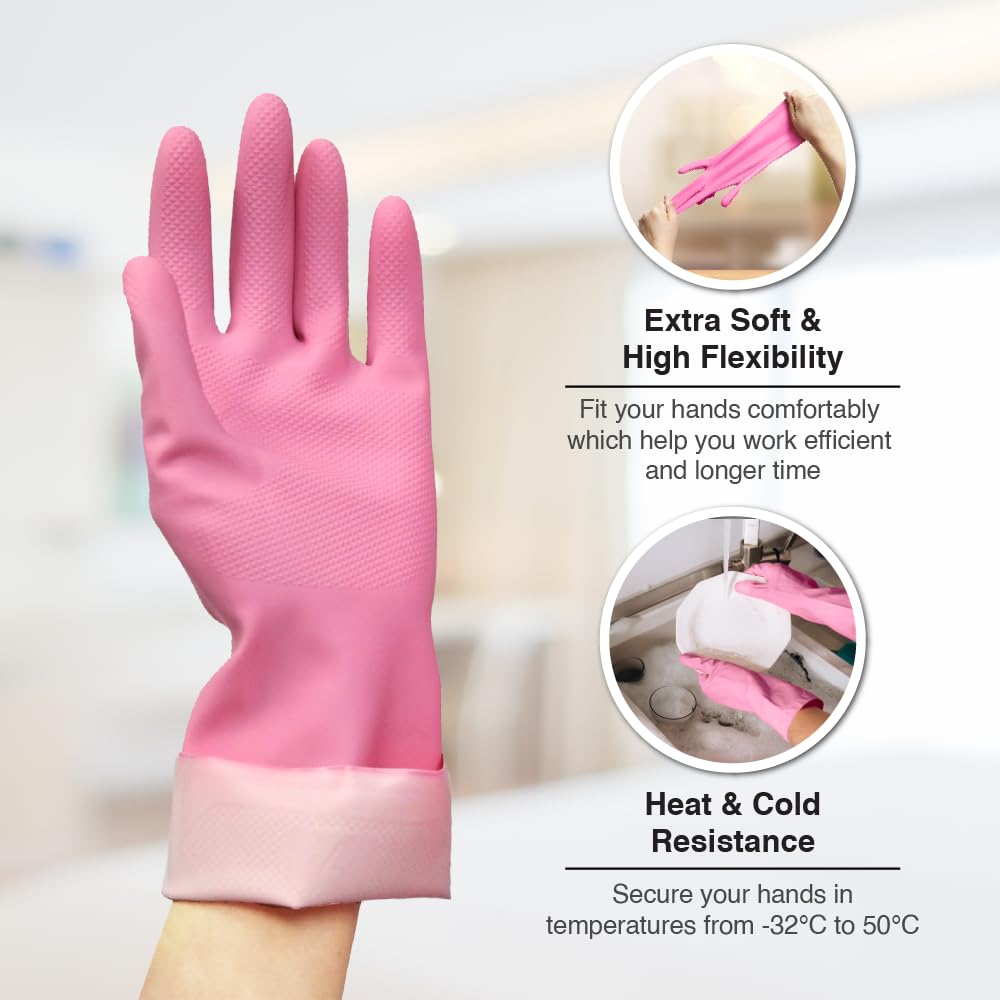 Nastah Latex & Nitrile Allergic Free Household Cleaning Gloves Bundle - Pink & Green Non-Slip Reusable Kitchen Dishwashing Gloves With Cotton Flock Liner (Total 6 Pairs, Size Medium)