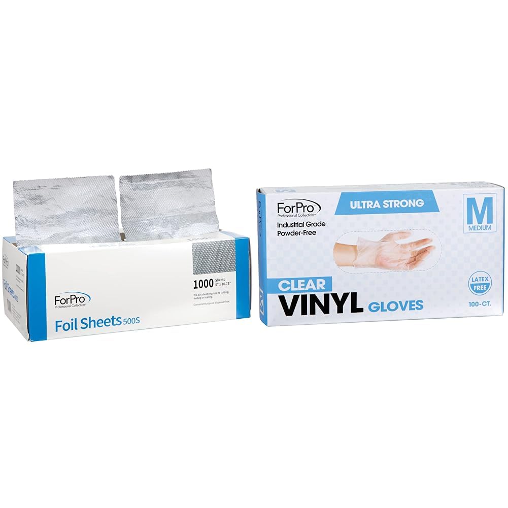 ForPro Embossed Foil Sheets 500S & ForPro Disposable Vinyl Gloves, Clear, Industrial Grade, Powder-Free, Latex-Free, Non-Sterile, Food Safe, 2.75 Mil. Palm, 3.9 Mil. Fingers, Medium, 100-Count