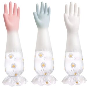 dishwashing rubber cute patterned gloves,3 pairs reusable kitchen cleaning gloves long cuff and pvc with soft lining