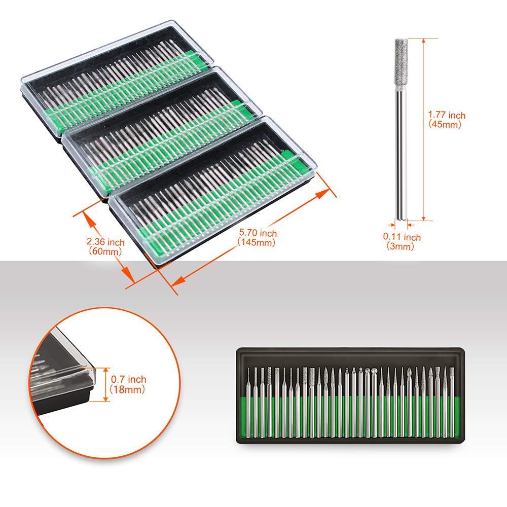 ZFE Diamond Burr Bits Drill Kit for Rotary Tool Metal Woodworking Router Grinding Engraving Carving- 1/8"(3mm) Shank Pack of 90Pcs/ 3 Sets