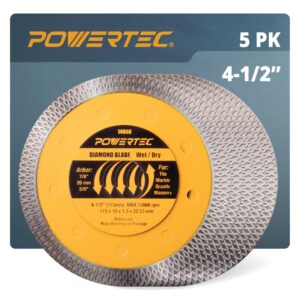 powertec 4-1/2 inch super thin diamond saw blades for angle grinder, turbo mesh rim tile blade for porcelain and ceramic tile cutting, 4.5" diamond blade, 5 pack (14000-p5)