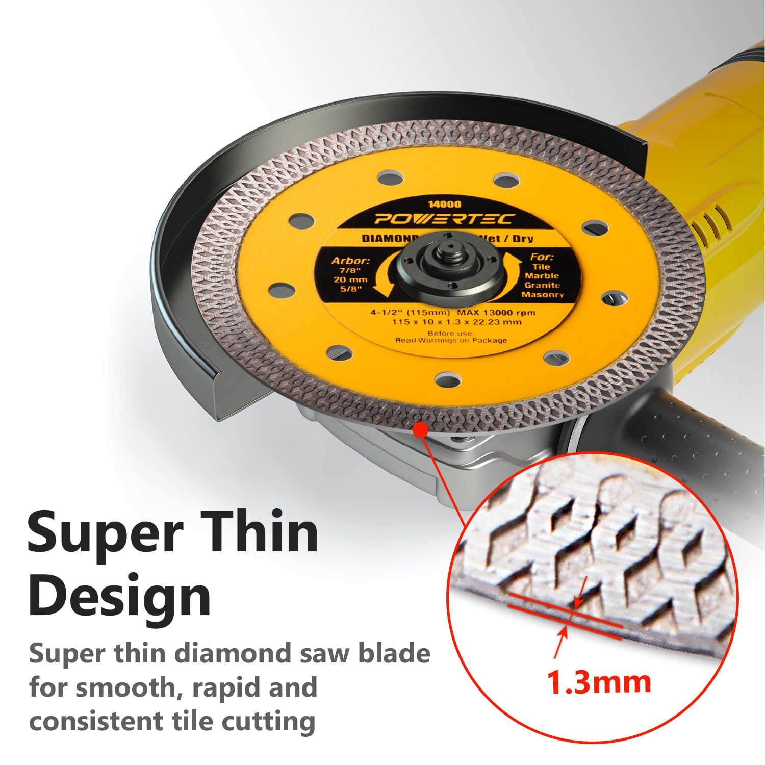 POWERTEC 4-1/2 Inch Super Thin Diamond Saw Blades for Angle Grinder, Turbo Mesh Rim Tile Blade for Porcelain and Ceramic Tile Cutting, 4.5" Diamond Blade, 5 Pack (14000-P5)