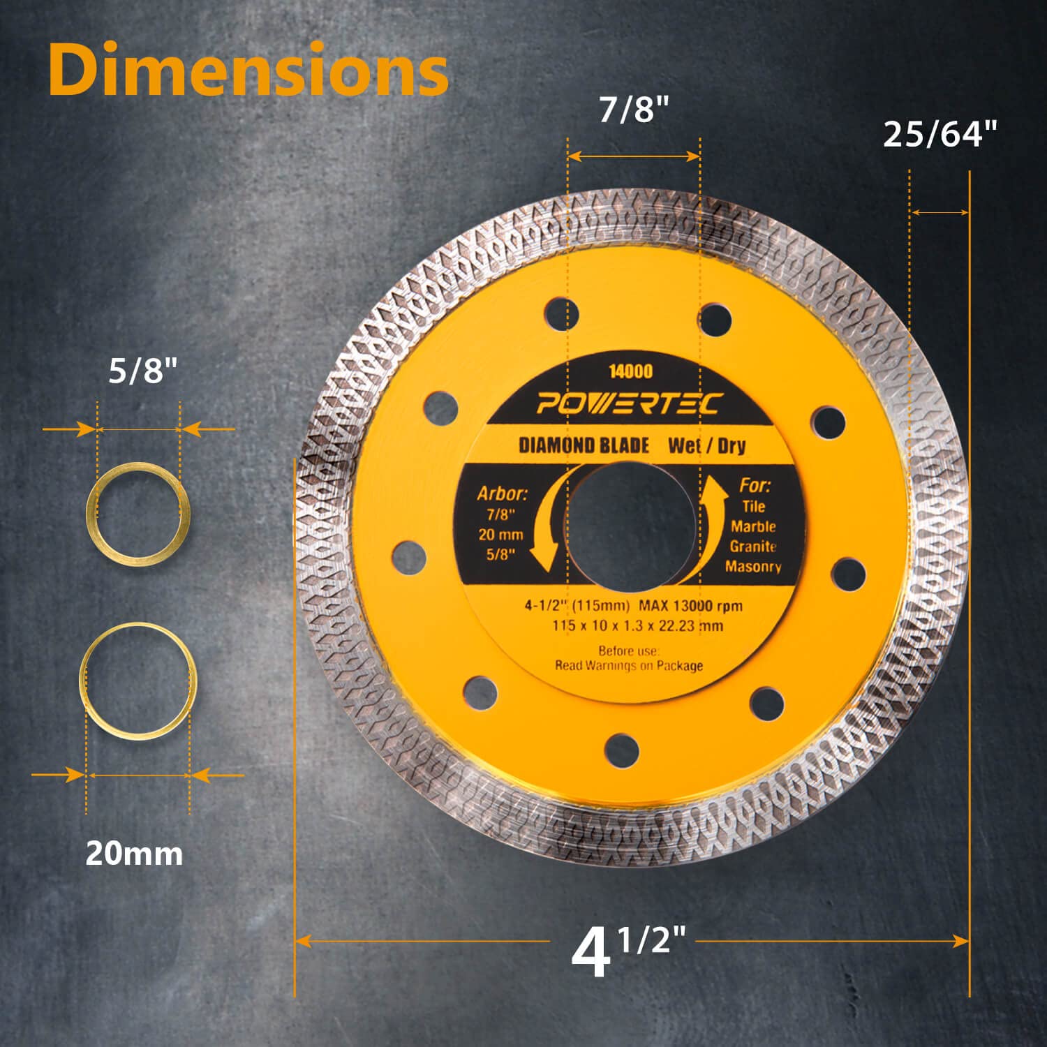 POWERTEC 4-1/2 Inch Super Thin Diamond Saw Blades for Angle Grinder, Turbo Mesh Rim Tile Blade for Porcelain and Ceramic Tile Cutting, 4.5" Diamond Blade, 5 Pack (14000-P5)