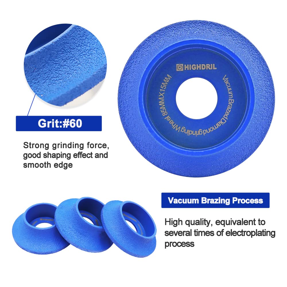 Diamond Profile Wheel 3 Inchx7/8"x15mm, HIGHDRIL Demi-bullnose Edge Abrasive Grinding Wheel Vacuum Brazed Diamond Grinding Disc for Tile,Quartz,Marble,Granite,Ceramic,Artificial Stone