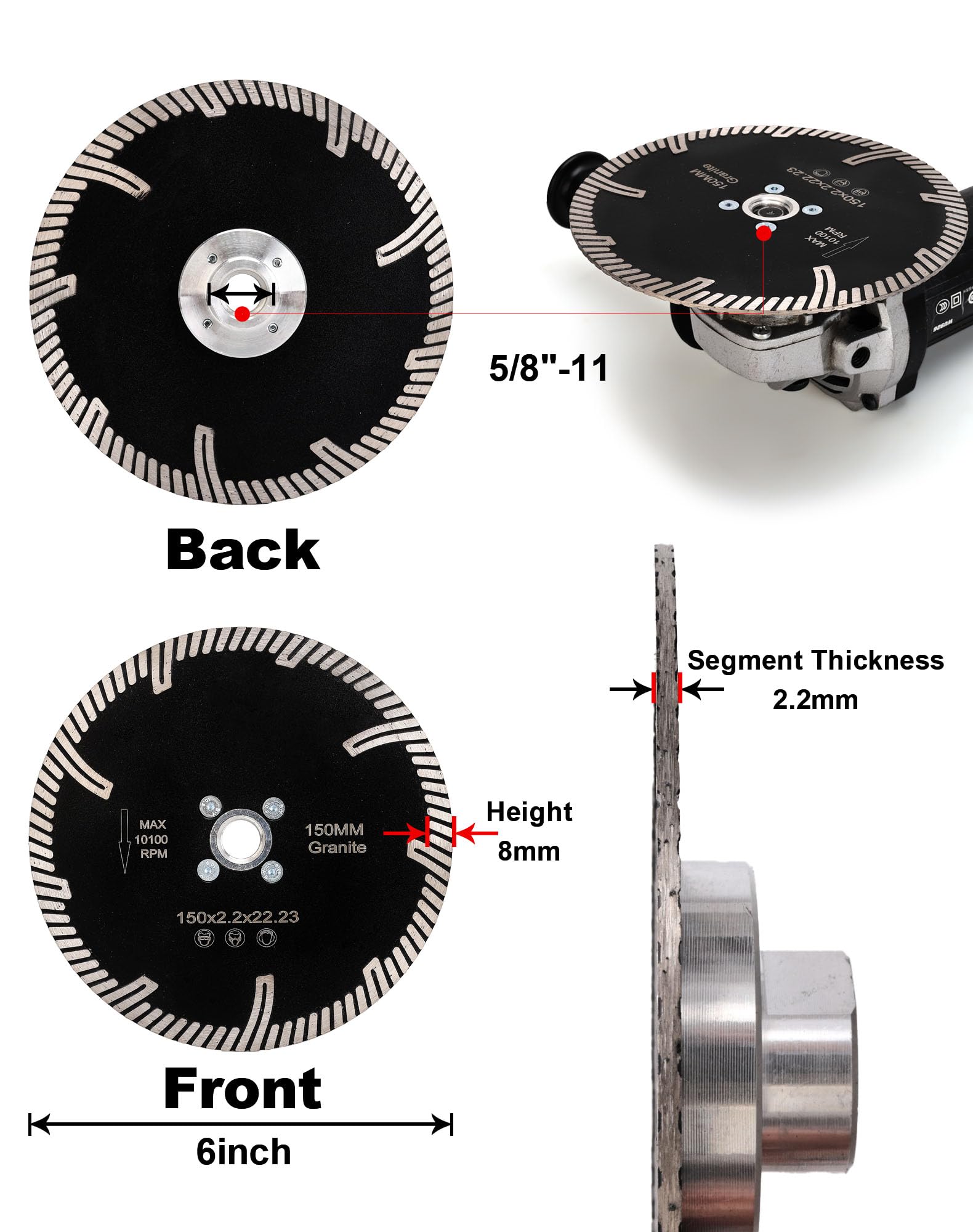 Casaverde 6" Granite Blade，Turbo Diamond Blade with Removable 5/8-11 Thread Cuts for Granite,Marble,Engineered Stone and Ceramic Tiles