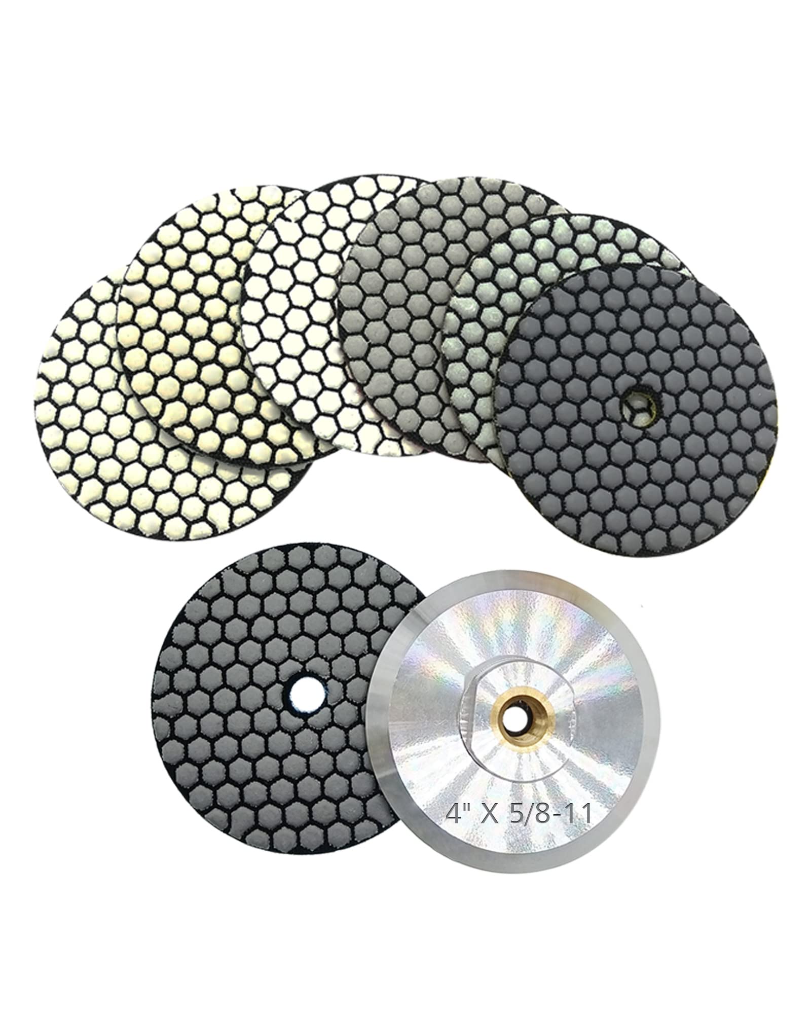 ComeFloor Dry Diamond Polishing Pads for Granite Marble Stone 4 Inch Set 7 Pieces Grinding Pads Plus a Alu Backer Pads