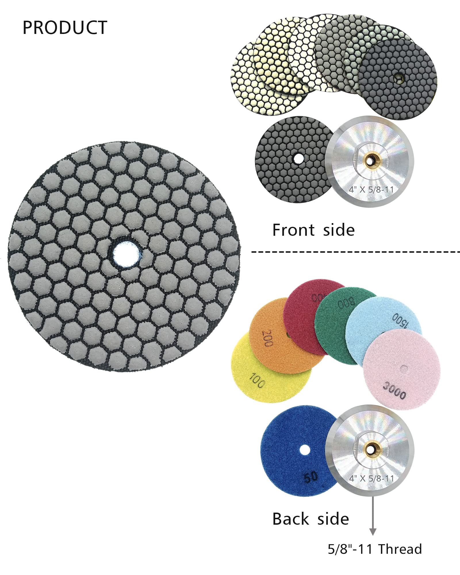 ComeFloor Dry Diamond Polishing Pads for Granite Marble Stone 4 Inch Set 7 Pieces Grinding Pads Plus a Alu Backer Pads