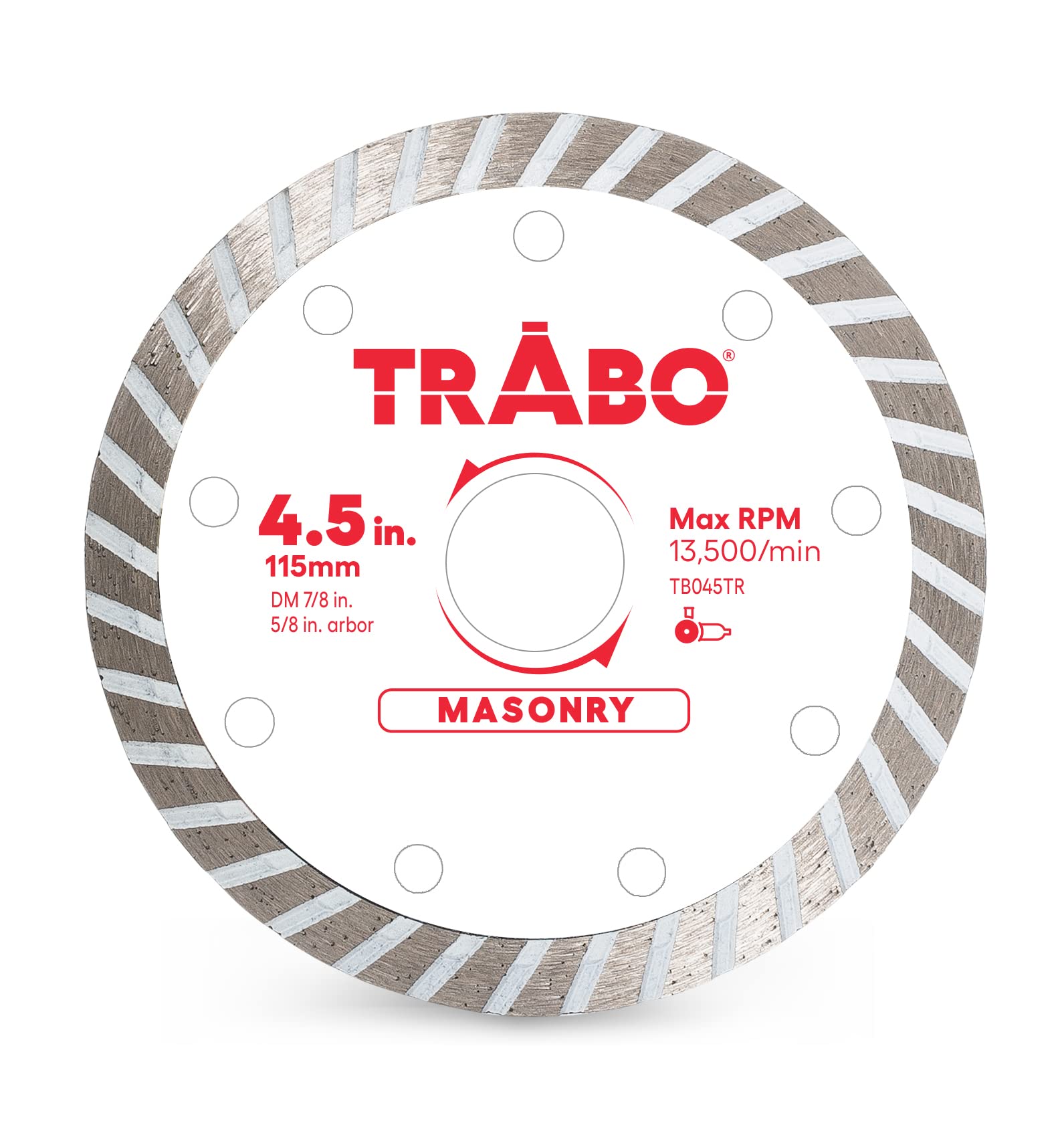 Trabo 4.5 Inch Turbo Rim Diamond Metal Bond Blade for Cutting Cement, Pavers, Concrete with Rebar, Natural Stone and More, with 7/8 Inch Arbor with 5/8 Inch Reducer Ring