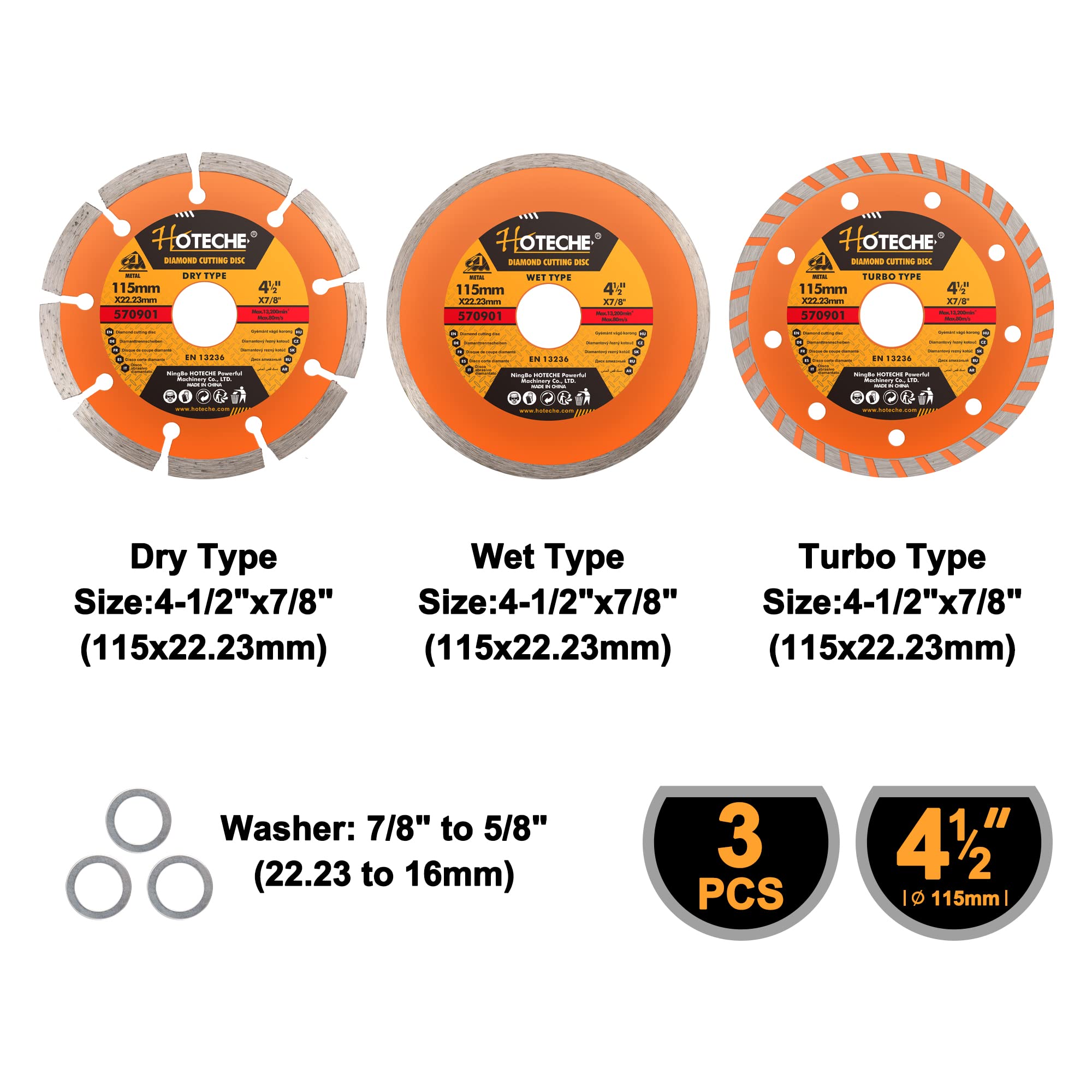 Hoteche 3Pcs Diamond Cutting Blades 4-1/2" Diamond Cutting Wheel for Angle Grinder Dry/Wet Cutting Blade for Brick, Masonry, Concrete, Tile and Ceramic