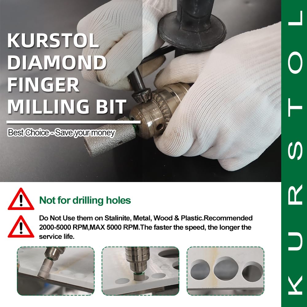 KURSTOL Diamond Coated Milling Bit - 2PCS Diamond Finger Bit for Enlarging Shaping Holes,Dia 3/8"(10mm) Hex Shank Tile Hole Grinder Round Bevel Existing Holes in Porcelain,Hard Ceramic,Granite,Marble