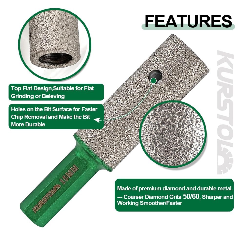 KURSTOL Diamond Coated Milling Bit - 2PCS Diamond Finger Bit for Enlarging Shaping Holes,Dia 3/8"(10mm) Hex Shank Tile Hole Grinder Round Bevel Existing Holes in Porcelain,Hard Ceramic,Granite,Marble