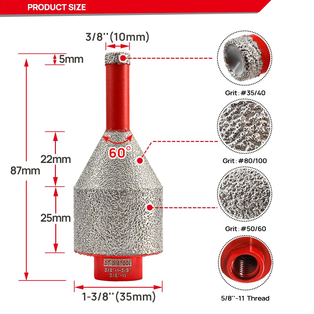 DT-DIATOOL Diamond Core Bit Milling Bit Chamfer Bit Integrated for Tile Grinder Enlarging Polishing Holes on Porcelain Ceramic Granite Marble Countertop Diameter 10-35mm, 5/8 inch-11 Thread, 2-Pack