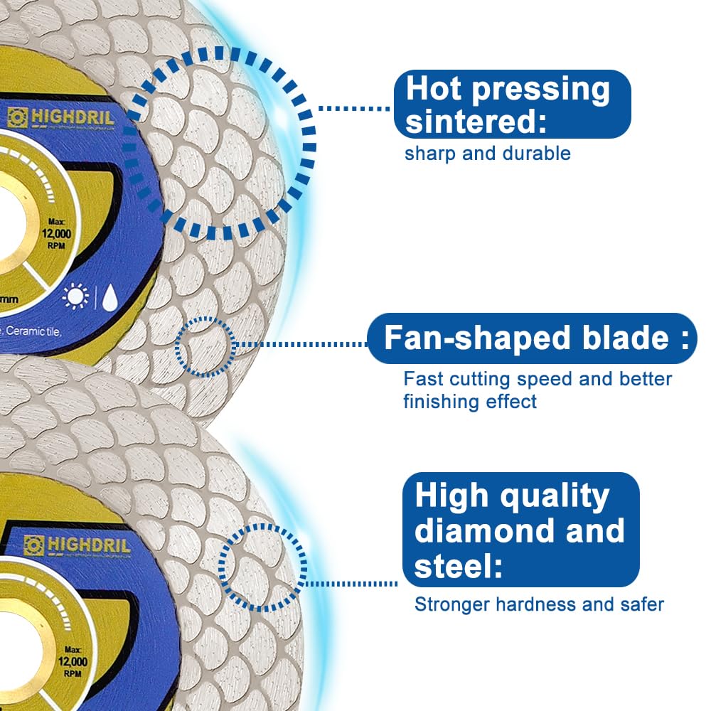 HIGHDRIL Diamond Tile Saw Blade - 5 Inch/125mm Cutting and Grinding Disc for Porcelain Tile Granite Marble Ceramic Quartz (Fan-Shaped Blade)