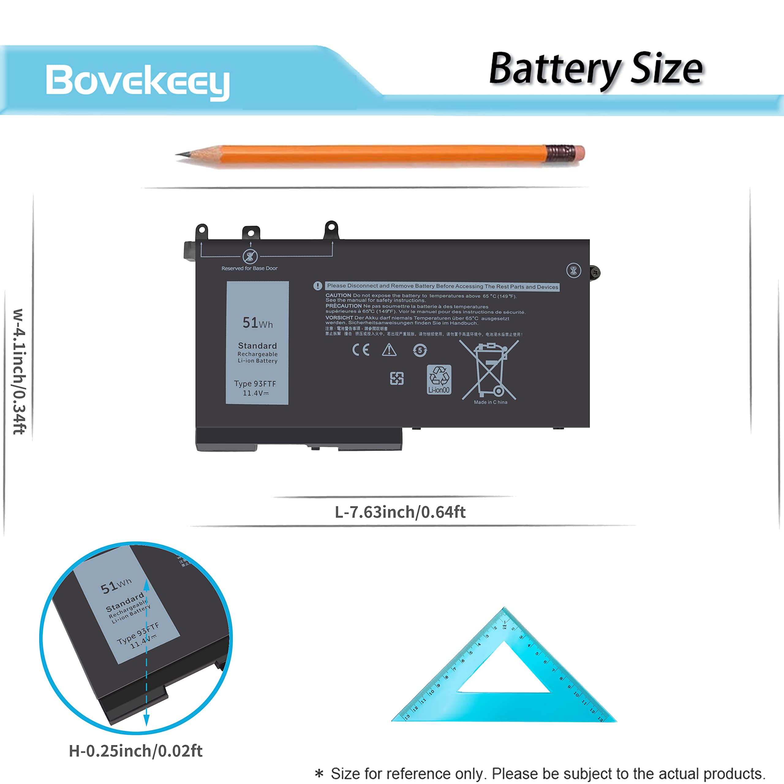 Bovekeey 93FTF Battery 51Wh 11.4V for Dell Latitude E5480 E5580 5580 5480 5280 5590 5490 5491 5290 5288 5488 5495 5591 E5280 E5490 E5590 E5290 E5591 E549, Precision 15 3520 3530 4YFVG D4CMT 83XPC