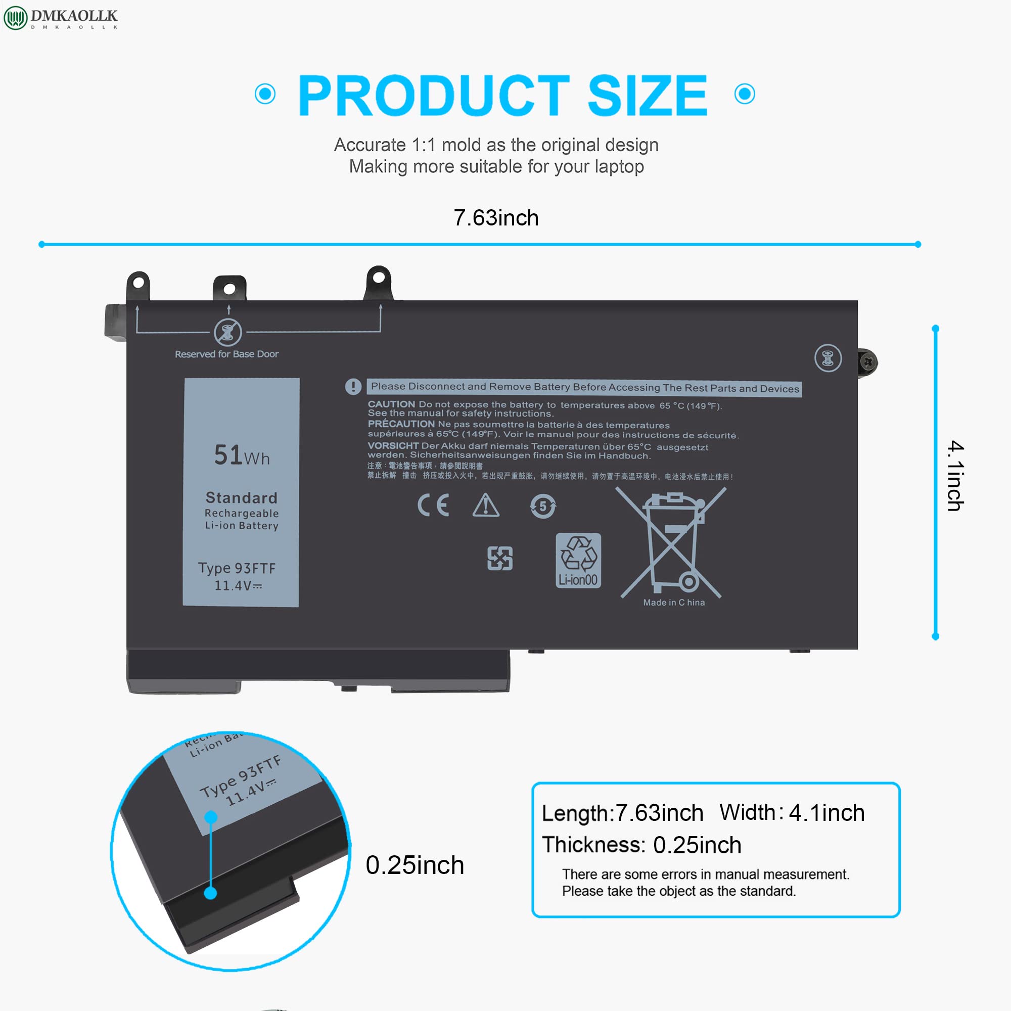 93FTF Battery Replacement for Dell Latitude 5580 5480 5490 5590 5280 5290 5288 5488 5591 5491 5495 E5480 E5580 E5490 E5590 Precision 3520 3530 D4CMT 083XPC 83XPC 4YFVG 451-BBZG 451-BBZT 51Wh 11.4V