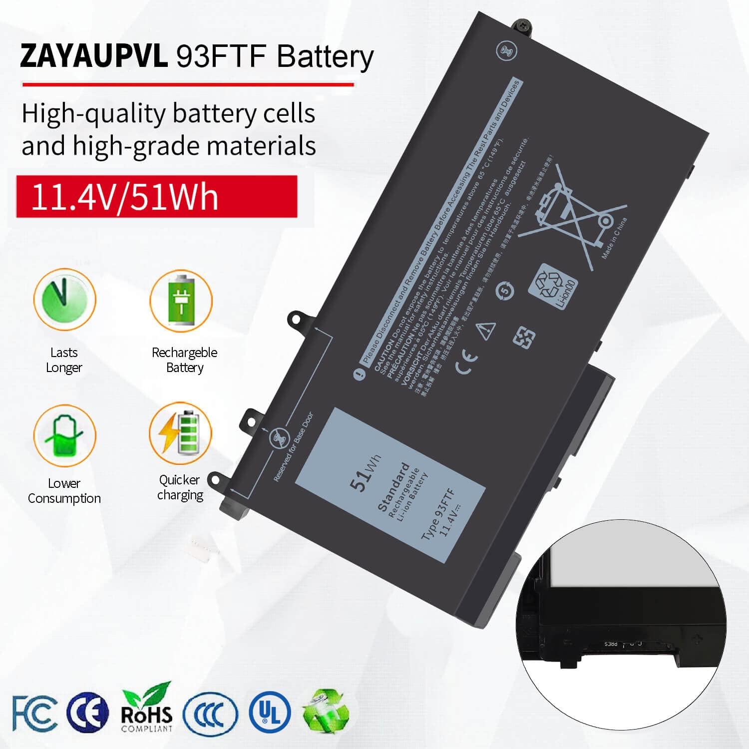 93FTF Battery Replacement for Dell Latitude 5580 5480 5490 5590 5280 5290 5288 5488 5591 5491 5495 E5480 E5580 E5490 E5590 Precision 3520 3530 D4CMT 083XPC 83XPC 4YFVG 451-BBZG 451-BBZT 51Wh 11.4V