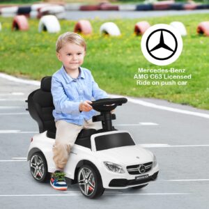 Costzon Push Car for Toddlers, 3 in 1 Mercedes Benz Stroller Sliding Walking Car w/Canopy, Handle, Safety Bar, Cup Holder, Music, Underneath Storage, Foot-to-Floor Ride On Toy for Boys & Girls, White