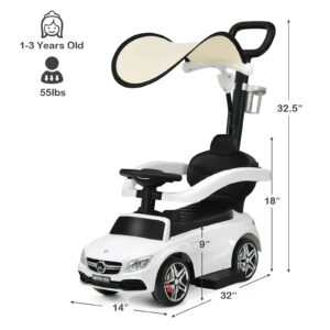 Costzon Push Car for Toddlers, 3 in 1 Mercedes Benz Stroller Sliding Walking Car w/Canopy, Handle, Safety Bar, Cup Holder, Music, Underneath Storage, Foot-to-Floor Ride On Toy for Boys & Girls, White