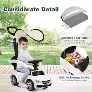 Costzon Push Car for Toddlers, 3 in 1 Mercedes Benz Stroller Sliding Walking Car w/Canopy, Handle, Safety Bar, Cup Holder, Music, Underneath Storage, Foot-to-Floor Ride On Toy for Boys & Girls, White