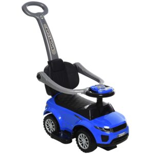 aosom 3 in 1 push cars for toddlers kid ride on push car stroller sliding walking car with horn music light function secure bar ride on toy for boy girl 1-3 years old blue