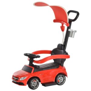 aosom mercedes-amg c63 licensed ride on push cars for toddlers, sliding walking car with sun canopy, horn, music, safety bar, cup holder and storage, red