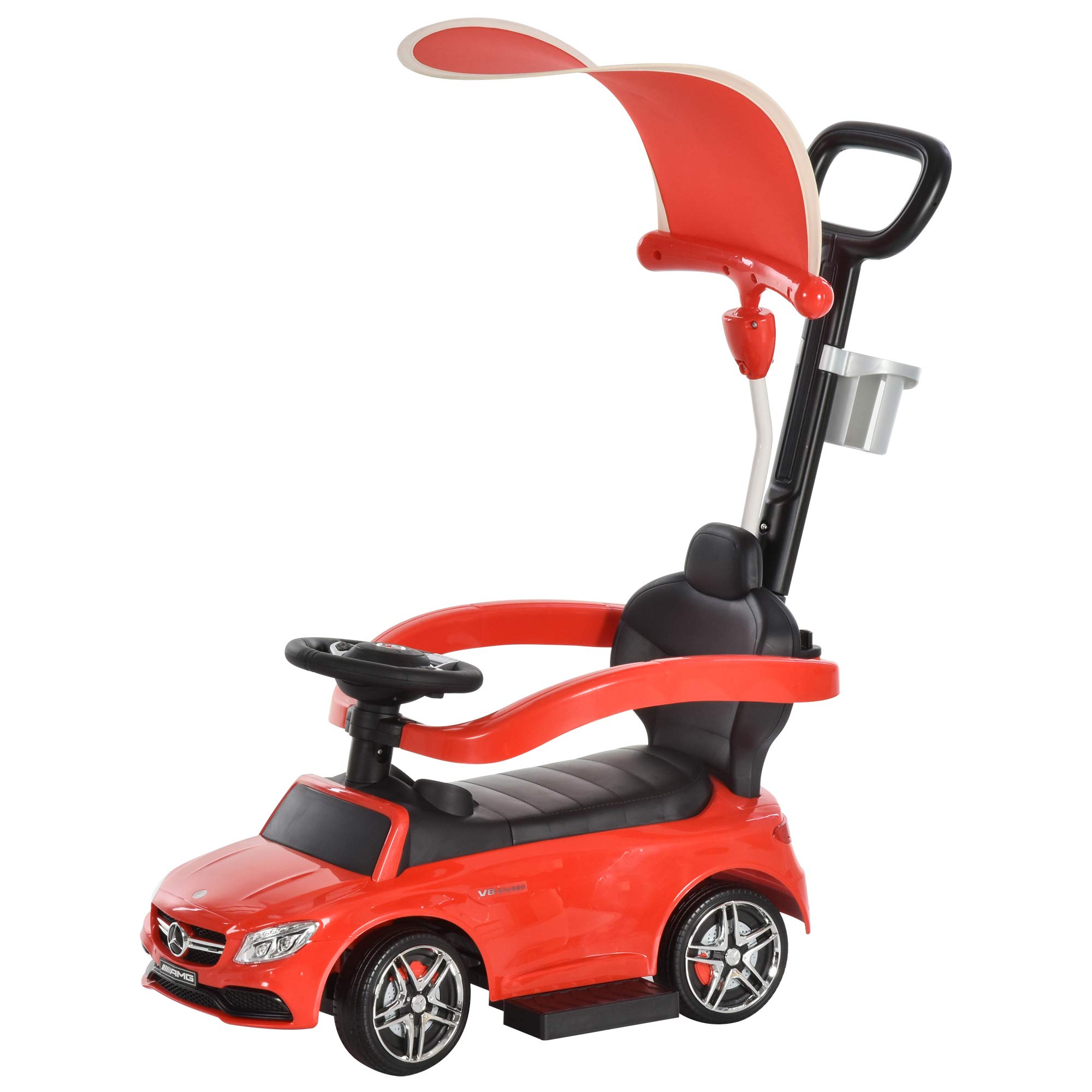 Aosom Mercedes-AMG C63 Licensed Ride on Push Cars for Toddlers, Sliding Walking Car with Sun Canopy, Horn, Music, Safety Bar, Cup Holder and Storage, Red