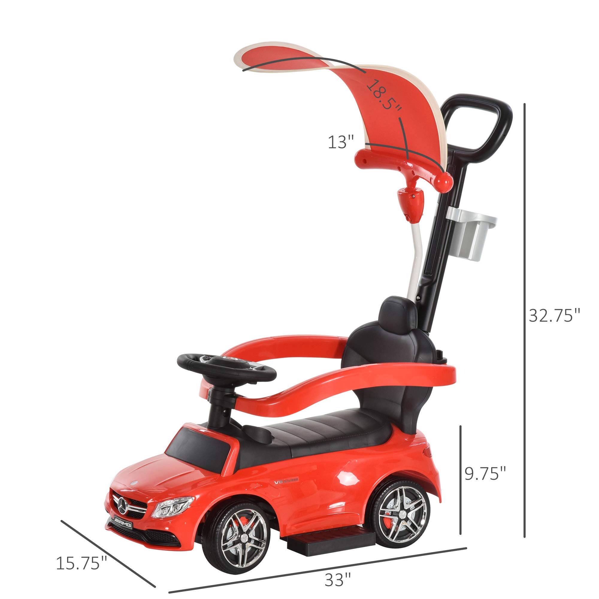 Aosom Mercedes-AMG C63 Licensed Ride on Push Cars for Toddlers, Sliding Walking Car with Sun Canopy, Horn, Music, Safety Bar, Cup Holder and Storage, Red