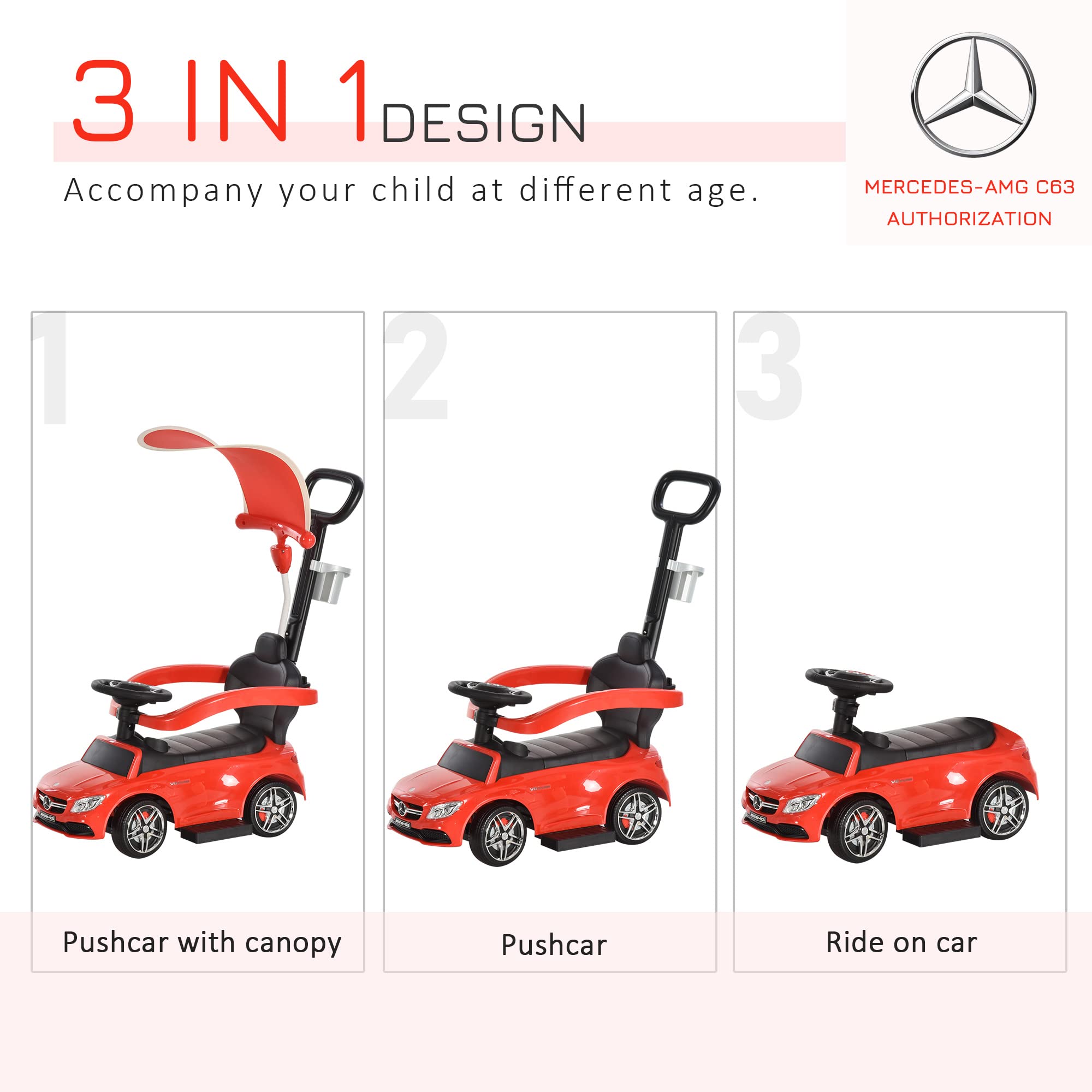 Aosom Mercedes-AMG C63 Licensed Ride on Push Cars for Toddlers, Sliding Walking Car with Sun Canopy, Horn, Music, Safety Bar, Cup Holder and Storage, Red