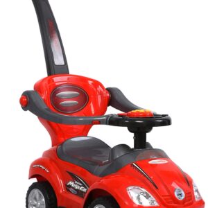 ChromeWheels 3 in 1 Ride on Toys Push Car with Guardrail, Mega Car for Toddlers, w/Handle, Horn, Music, Color Red