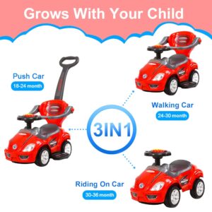 ChromeWheels 3 in 1 Ride on Toys Push Car with Guardrail, Mega Car for Toddlers, w/Handle, Horn, Music, Color Red