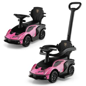 costzon push cars for toddlers, 3 in 1 licensed lamborghini stroller sliding walking car w/handle, armrest guardrail, underneath storage, horn, foot-to-floor ride on toy for boys girls (pink)