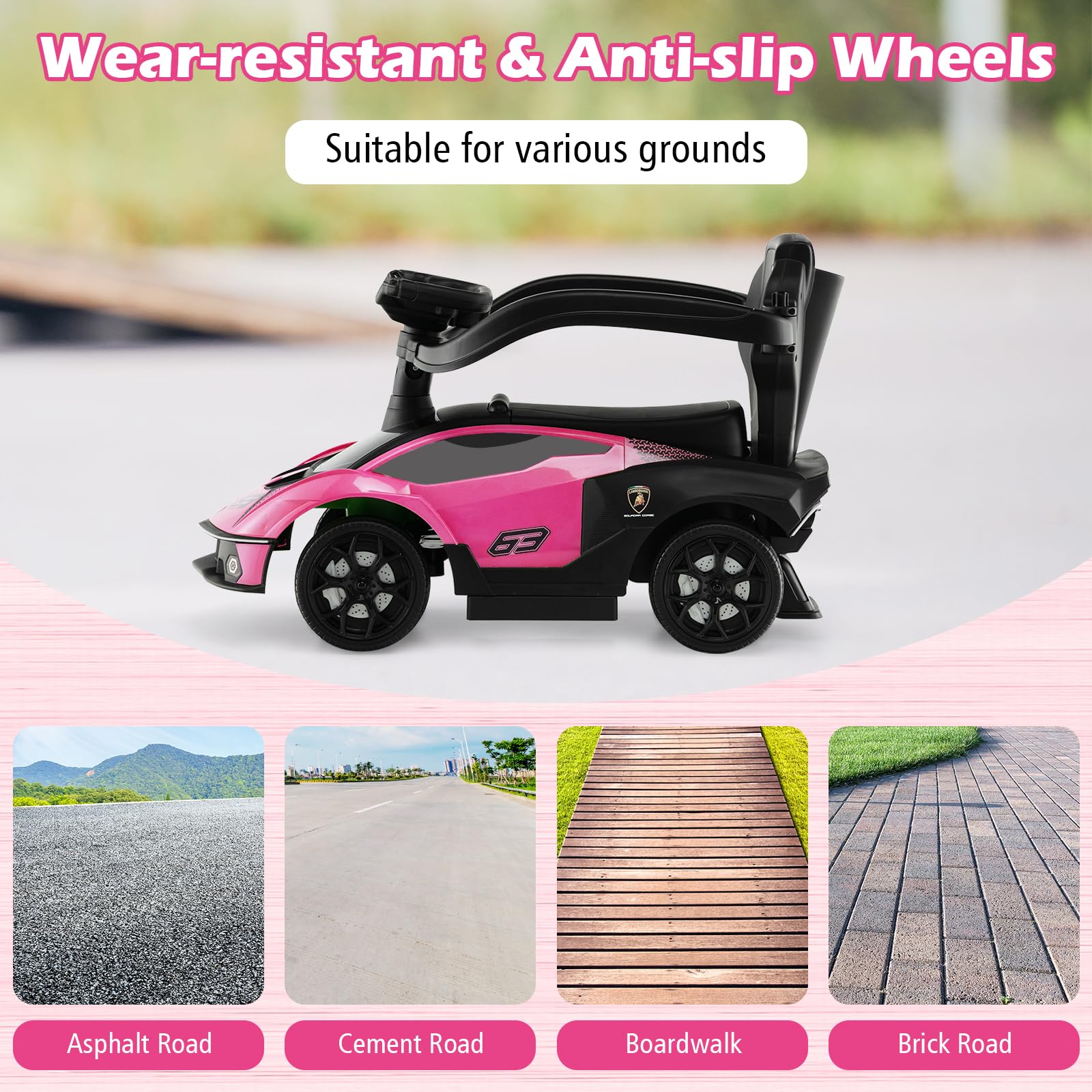 Costzon Push Cars for Toddlers, 3 in 1 Licensed Lamborghini Stroller Sliding Walking Car w/Handle, Armrest Guardrail, Underneath Storage, Horn, Foot-to-Floor Ride On Toy for Boys Girls (Pink)