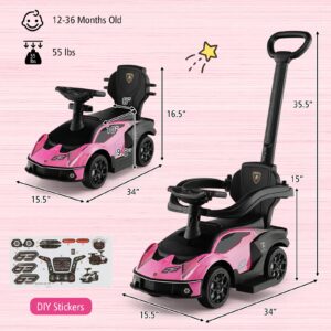 Costzon Push Cars for Toddlers, 3 in 1 Licensed Lamborghini Stroller Sliding Walking Car w/Handle, Armrest Guardrail, Underneath Storage, Horn, Foot-to-Floor Ride On Toy for Boys Girls (Pink)