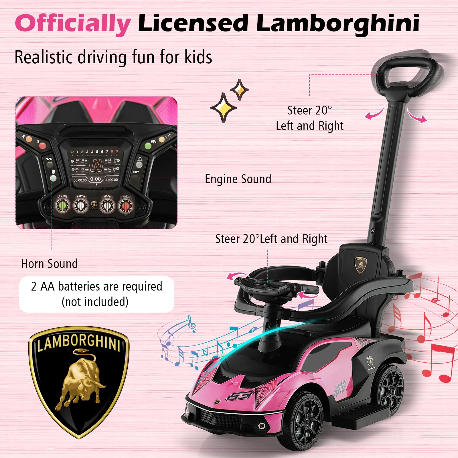 Costzon Push Cars for Toddlers, 3 in 1 Licensed Lamborghini Stroller Sliding Walking Car w/Handle, Armrest Guardrail, Underneath Storage, Horn, Foot-to-Floor Ride On Toy for Boys Girls (Pink)