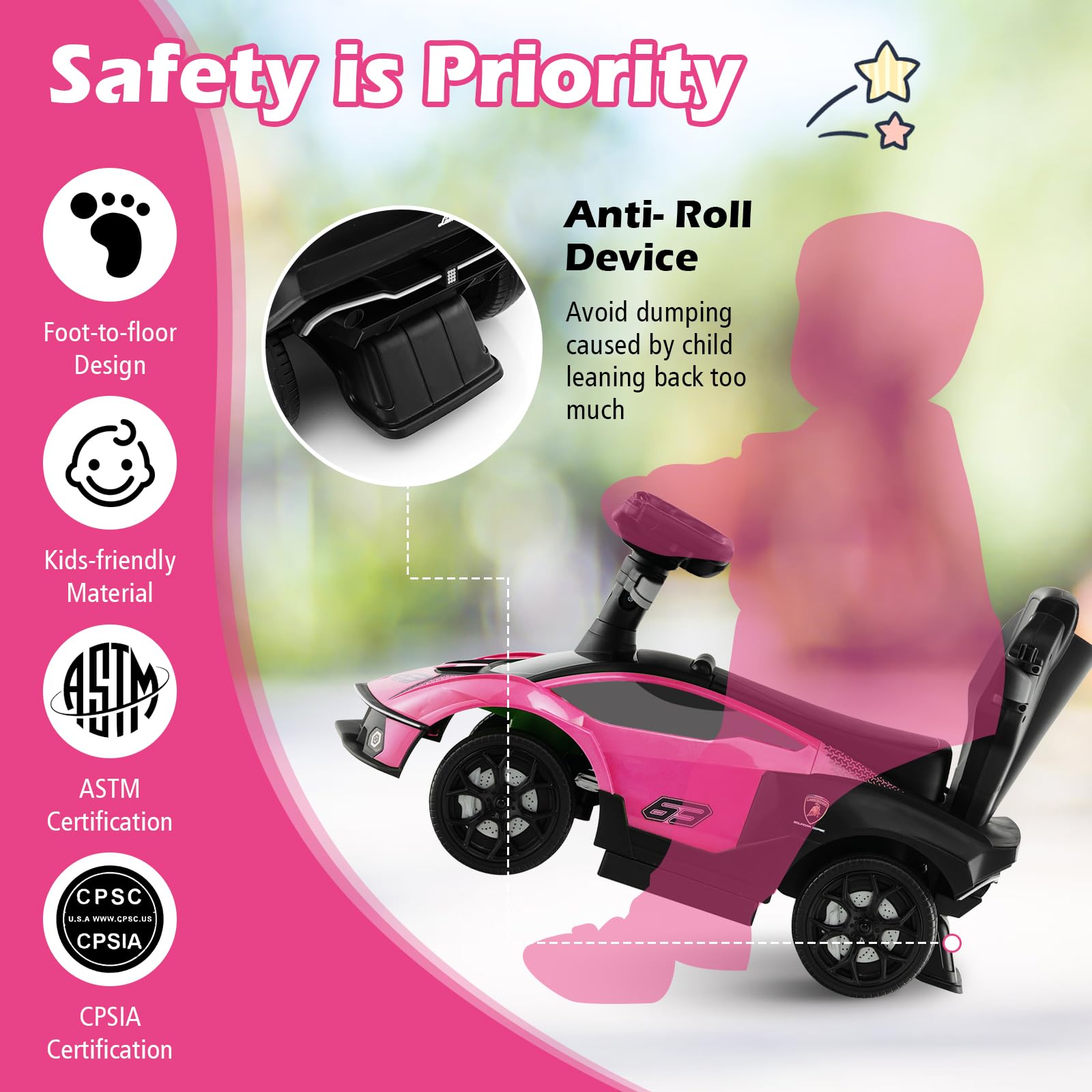 Costzon Push Cars for Toddlers, 3 in 1 Licensed Lamborghini Stroller Sliding Walking Car w/Handle, Armrest Guardrail, Underneath Storage, Horn, Foot-to-Floor Ride On Toy for Boys Girls (Pink)