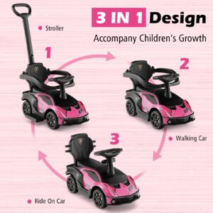 Costzon Push Cars for Toddlers, 3 in 1 Licensed Lamborghini Stroller Sliding Walking Car w/Handle, Armrest Guardrail, Underneath Storage, Horn, Foot-to-Floor Ride On Toy for Boys Girls (Pink)