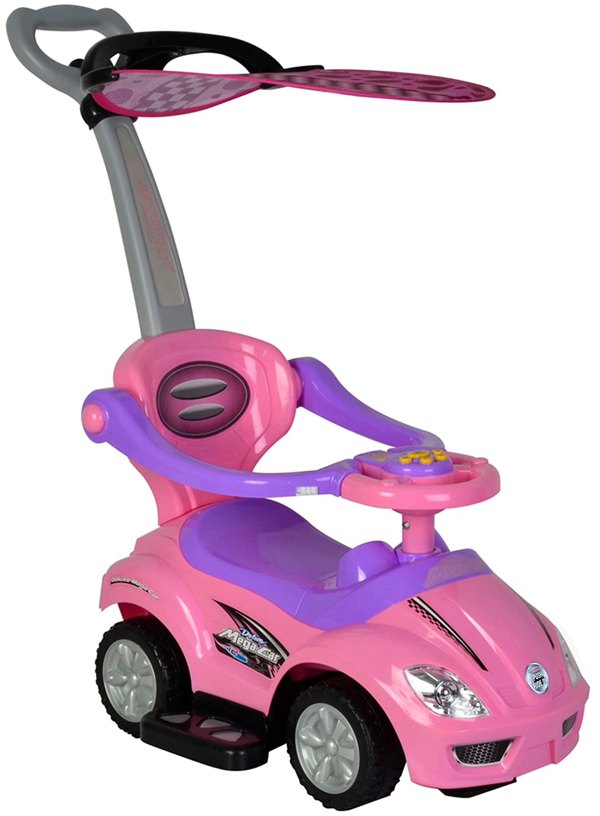 ChromeWheels Push Cars for Toddlers, 3 in 1 Ride on Push Car with Removable Canopy, Ride on Toys Mega Car w/Handle & Horn & Music, Pink