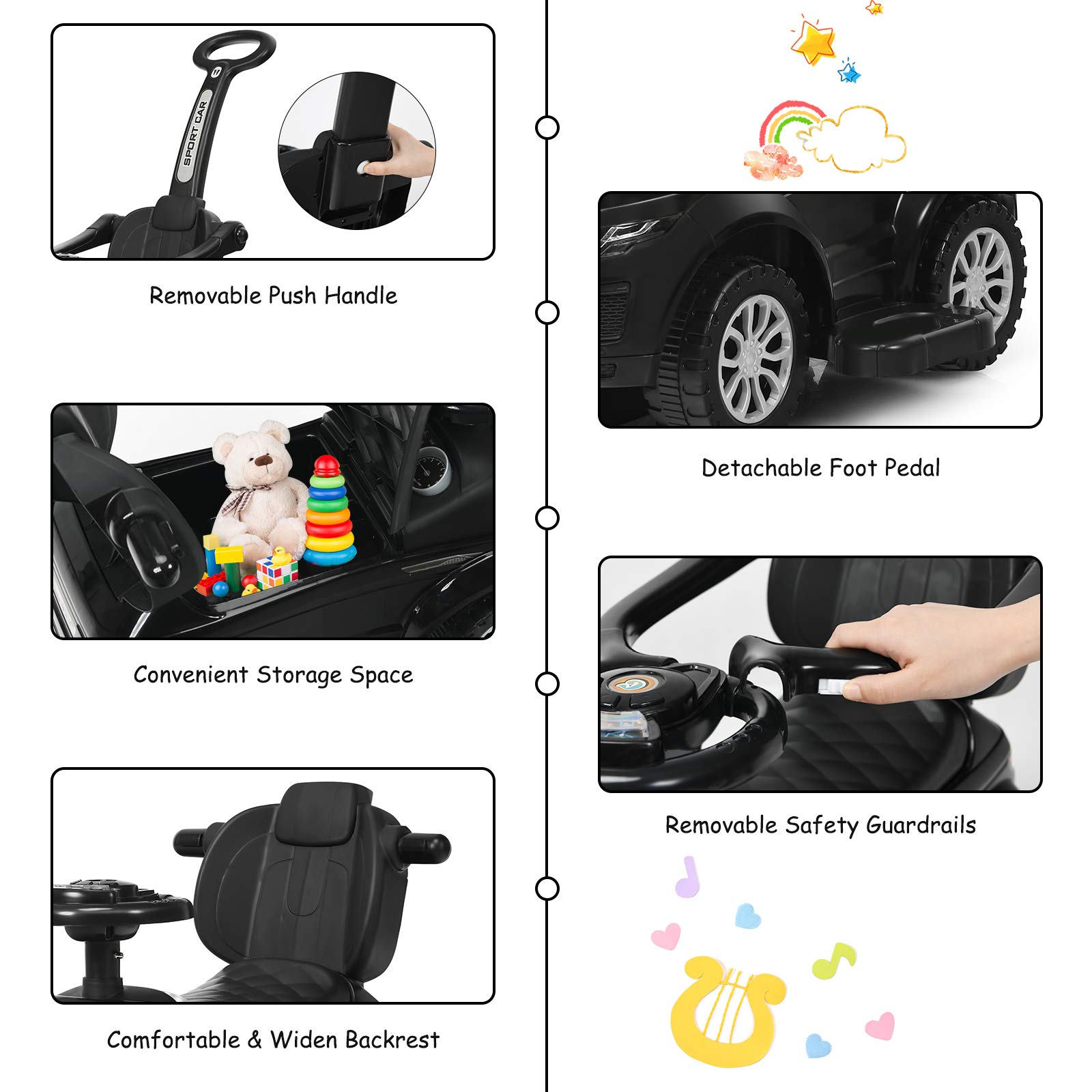 Costzon 3 in 1 Ride on Push Car, Stroller Sliding Walking Car with Horn, Music, Light, Under Seat Storage, Parental Handle, Armrest Guardrails, Ride on Toy for Boys & Girls (Black)