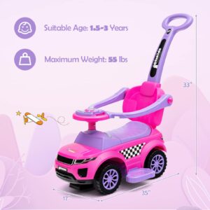 OLAKIDS 4 in 1 Ride on Push Car, Toddlers Stroller Sliding Walking with Horn, Music, Lights, Removable Guardrails and Handle, Underneath Storage, Baby Foot-to-Floor Walker Boys Girls (Pink)