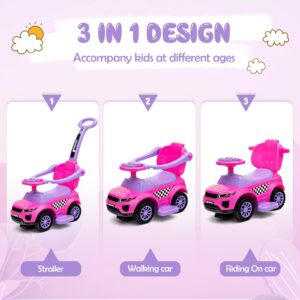 OLAKIDS 4 in 1 Ride on Push Car, Toddlers Stroller Sliding Walking with Horn, Music, Lights, Removable Guardrails and Handle, Underneath Storage, Baby Foot-to-Floor Walker Boys Girls (Pink)