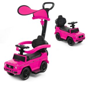 HONEY JOY Push Cars for Toddlers, Mercedes Benz Kids Toy Car w/Push Handle & Detachable Guardrail, Horn & Engine Sound, Seat Storage, Foot-to-Floor Ride On Push Car for Boys Girls(Pink)