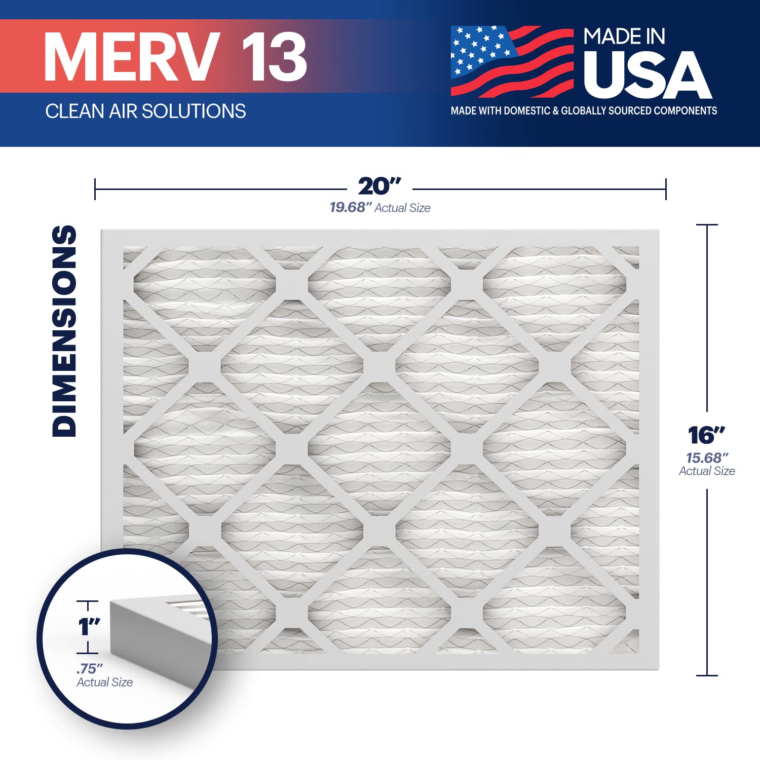 BNX TruFilter 16x20x1 Air Filter MERV 13 (4-Pack) - MADE IN USA - Electrostatic Pleated Air Conditioner HVAC AC Furnace Filters for Allergies, Pollen, Mold, Bacteria, Smoke, Allergen, MPR 1900 FPR 10