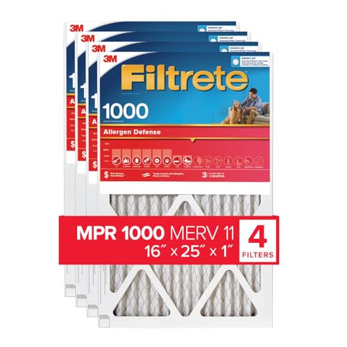 Filtrete 16x25x1 AC Furnace Air Filter, MERV 11, MPR 1000, Micro Allergen Defense, 3-Month Pleated 1-Inch Electrostatic Air Cleaning Filter, 4 Pack (Actual Size 15.69 x 24.69 x 0.81 in)