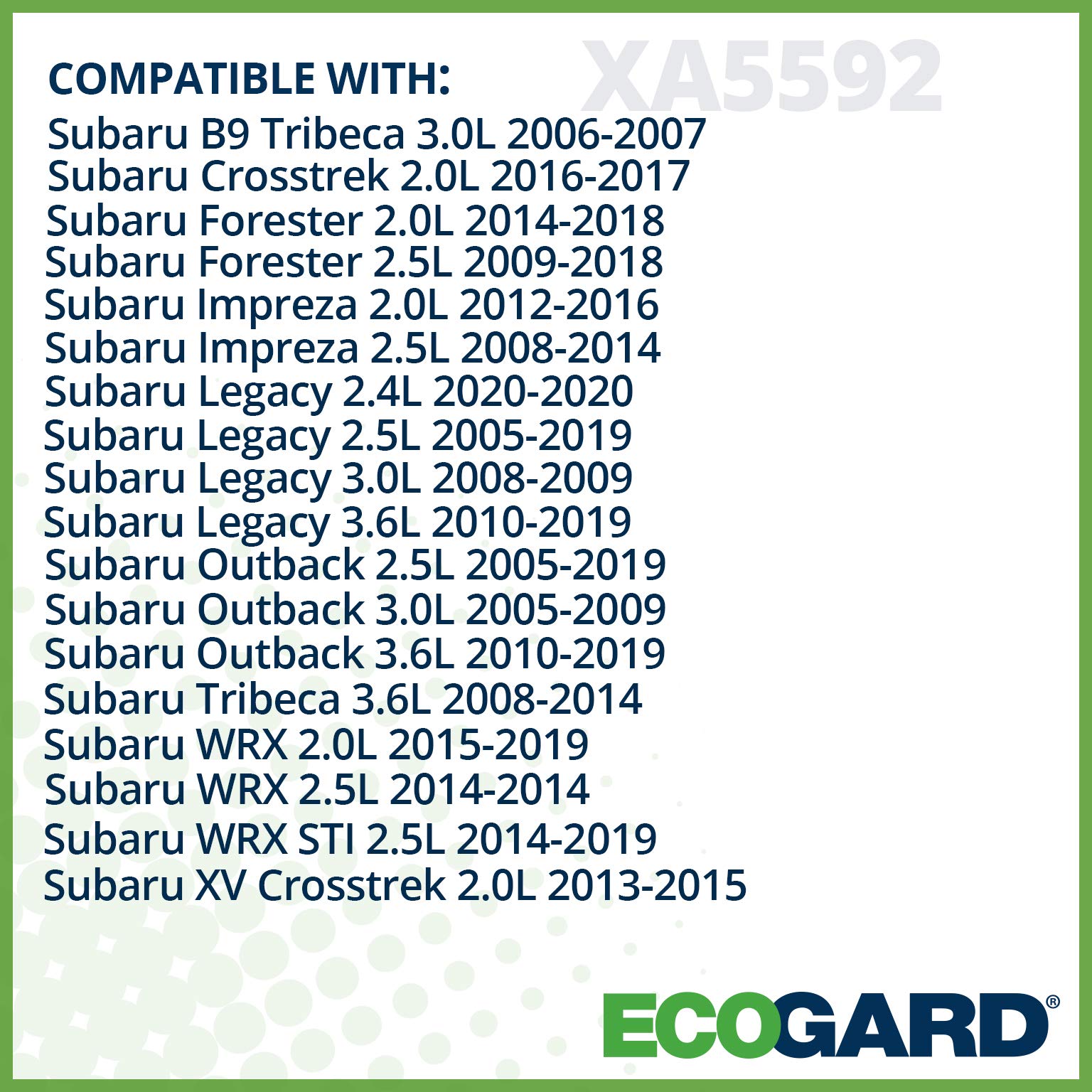 ECOGARD XA5592 Premium Engine Air Filter Fits Subaru Outback 2.5L 2005-2019, Forester 2.5L 2009-2018, Legacy 2.5L 2005-2019, Impreza 2.0L 2012-2016, Outback 3.6L 2010-2019