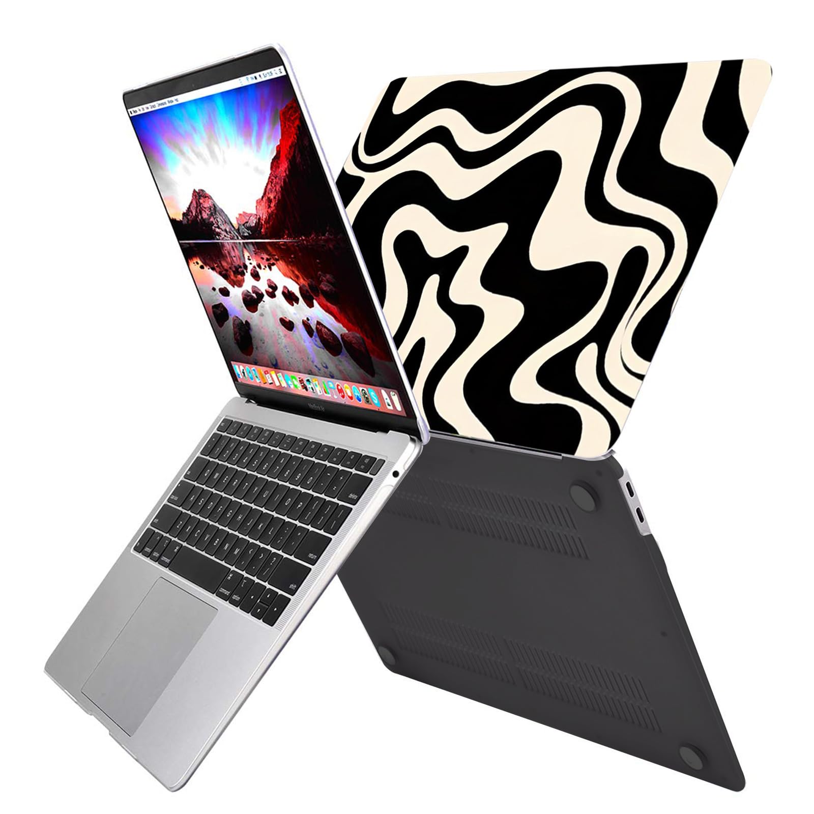 Miwasion Compatible with MacBook Air 13 inch Case,2020 2019 2018 Release(A2337 M1 A2179 A1932) with Touch ID and 2 Pack Keyboard Protectors,Laptop Hard Shell (Black Wave Wavy)